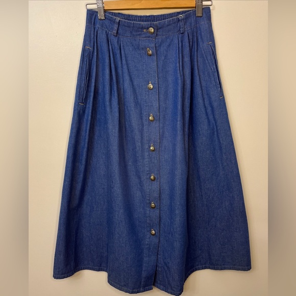 Koret City Blue Dresses & Skirts - Denim Skirt Jeans Midi Pleaded Skirt Buttons Belt Loops Pockets Boho Waist 28”